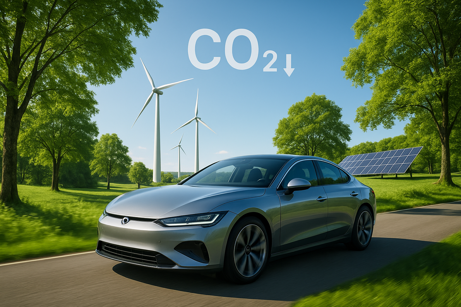 A sleek modern car driving on a scenic green road, surrounded by trees, with wind turbines and solar panels in the background, clean blue sky, and a subtle CO₂ ↓ text in the sky symbolizing reduced emissions, realistic photography style, eco-friendly and premium look.